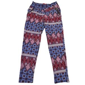 Hot Kiss Pants Women's 1X Stretchy Geometric Elastic Waist Zip Pockets Blue‎ Red